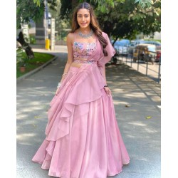 Pink Color Taffeta Silk Stylish Ruffle Lehenga Choli